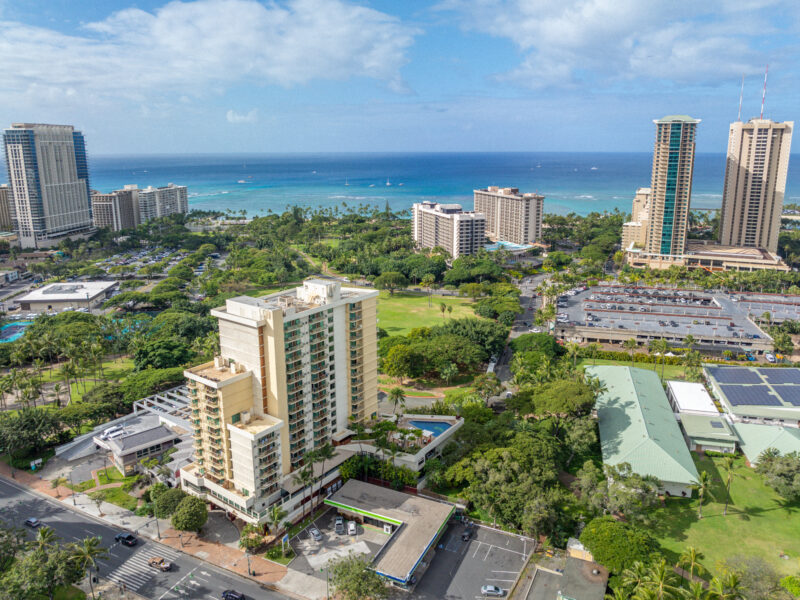 Aerial view of Luana Waikiki and the surrounding area